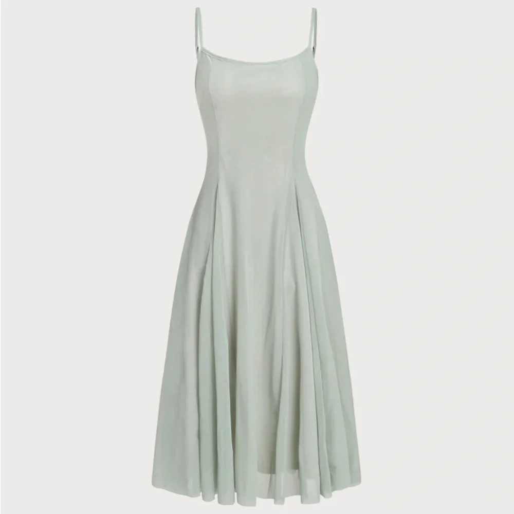 Green A-Line Slip Pleated Midi Dress - Picture 7 of 9